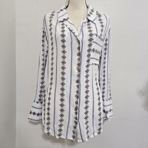 size Large Long Bell‎ Sleeve Button Down Boho Aztec Relaxed Pocket Top White